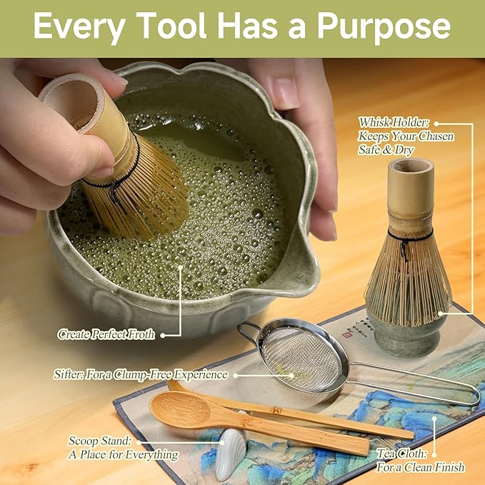 Matcha Whisk Set with Ceramic Bowl - Bamboo Whisk (Chasen), Scoop, Sifter & Holder - Complete Kit for Traditional Matcha Tea - Unique Gifts for Tea Lovers (Celadon Lotusl)