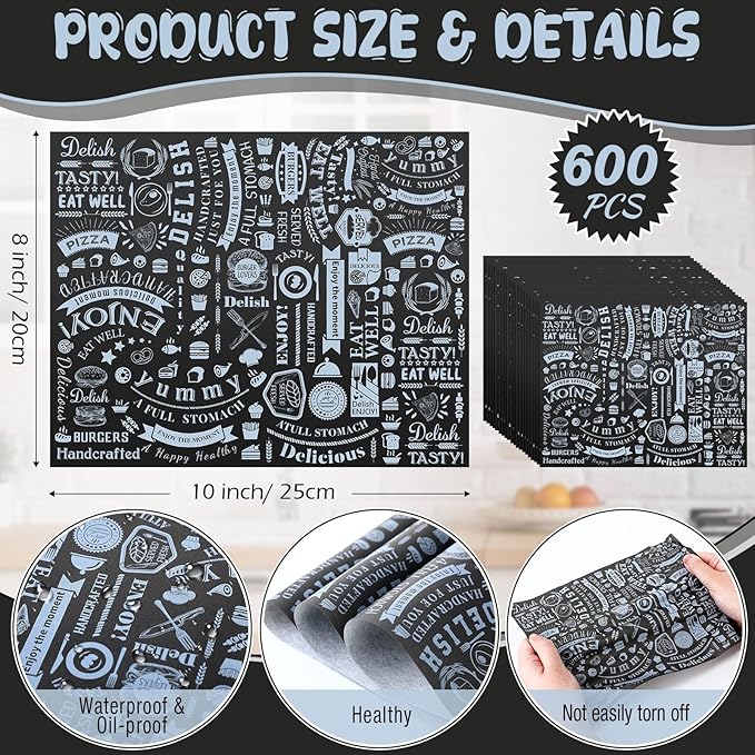 Outus 600 Pcs 8 x 10 inch Deli Wax Paper Sheets Grease Resistant Tray Basket Liners Newsprint Paper Water and Grease Proof Sandwich Wrapping Square Hot Dog Wrappers for Food Baking(Black)