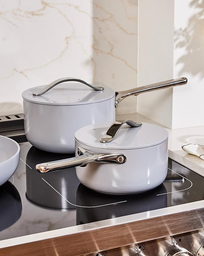 Caraway Nonstick Ceramic Sauce Pan with Lid (3 qt) - Non Toxic, PTFE & PFOA Free - Oven Safe & Compatible with All Stovetops (Gas, Electric & Induction) - White