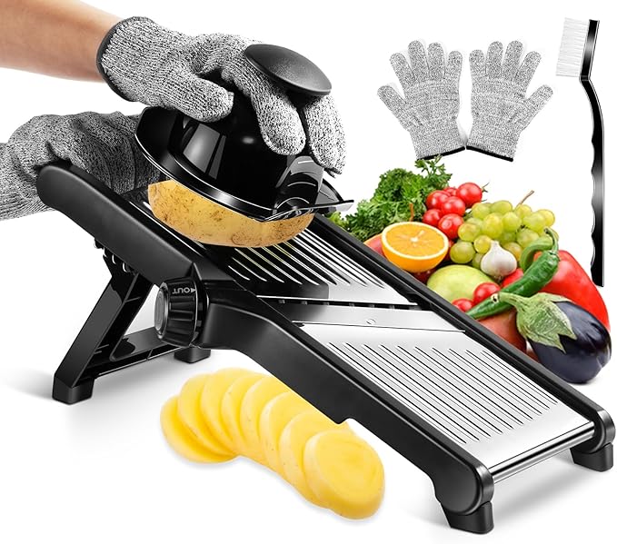 MASTERTOP Mandoline Slicer Adjustable Stainless Steel Food Slicer for Kitchen Vegetable Onion Potato Fruit French Fry Cutter Potato Chip Julienne Slicers with Cut Resistant Gloves