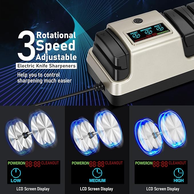 Upgrade 5 in 1 Electric Knife Sharpener with LCD Screen, 3 Rotational Speed Adjustable, 100% Diamond knife sharpener for Straight, Serrated, Meat Cleaver, Ceramic Knives & Scissors, Light Blonde