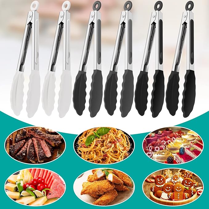 6 Pcs Small Silicone Tongs,7 Inch Mini Serving Tongs with Tips,Heat Resistant Cooking Tong,Stainless Steel Silicone Kitchen Tong for Salad Food Frying BBQ(Black,Gray,White)