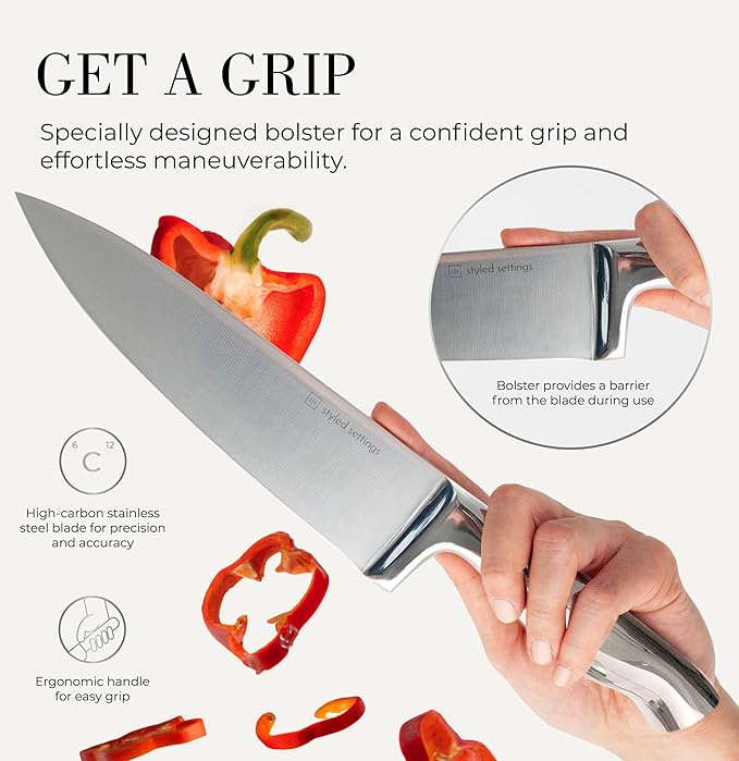 Styled Settings Stainless Steel Knife Set with Built In Sharpener - 14 Piece Ultra Sharp, High Carbon Stainless Steel Kitchen Knife Set Includes White Knife Block with Sharpener Built In