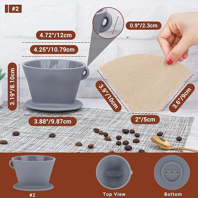 Segarty Pour Over Coffee Dripper, Single Cup Gray Silicone Manual Coffee Maker Set with 200PCS Size #2 Cone Coffee Filter Papers, Drip Coffee Pourover Brewer Filter Holder for Travel Outdoor Camping