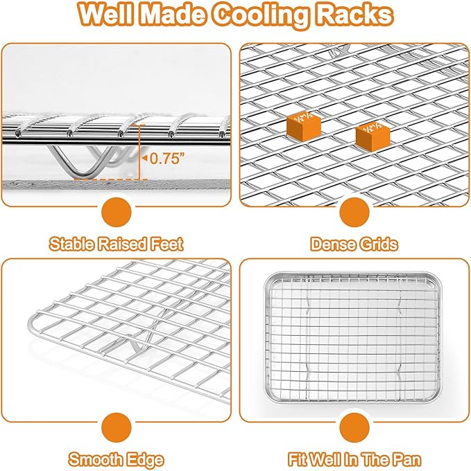 TeamFar Stainless Steel Baking Sheet with Rack Set, 16/12.5/10.5 Inch Cookie Sheets Baking Pans and Cooling Racks for Cooking Serving, Non-Toxic & Heavy Duty, Dishwasher Safe, 6 PCS (3 Pans + 3 Racks)