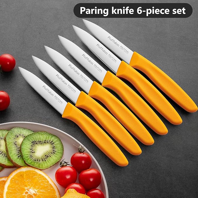 Paring Knife Fruit Knife Set (6 Pieces), Ultra Sharp Stainless Steel Vegetable and Fruit Knife with PP Plastic Ergonomic Handle for Cutting Fruits and Vegetables,Red/Orange/Green
