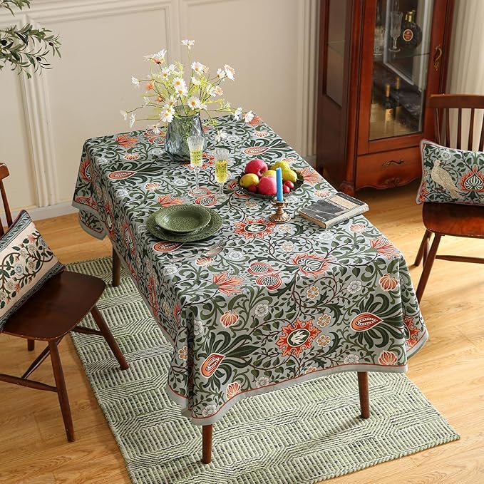 ISAENNE Designer Bohemian Linen Green Small Square Tablecloth,Floral Indoor Table Cloth,Stain Resistant Home Decor Tablecloths for Dining Thanksgiving Kitchen Party Christmas,67"*67"-Naples