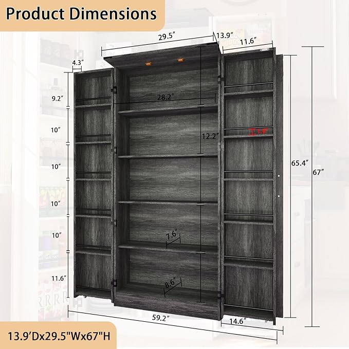 Tall Kitchen Pantry Cabinet: Food Pantry Cabinets for Kitchen Storage, Grey Wood Storage Cabinet with 2 Doors, Farmhouse Cabinets with Freestanding Cupboard (Grey)