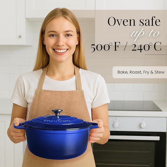 Nuovva Enamelled Cast Iron Dutch Oven Pot with Lid – 6.4 Quart Non Stick Casserole Pot – Heavy Duty & Oven Safe up to 500° F for Bread Baking, Braising, Stews, Roasting – 28cm Dark Blue