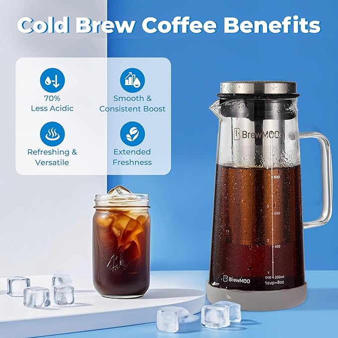 Cold Brew Coffee Maker, 1.0L/34Oz Cold Brew Pitcher | Ice Tea Maker with Airtight Glass Carafe, Filter, Non-Slip Base, Comfort Handle, Wide Spout (Grey)