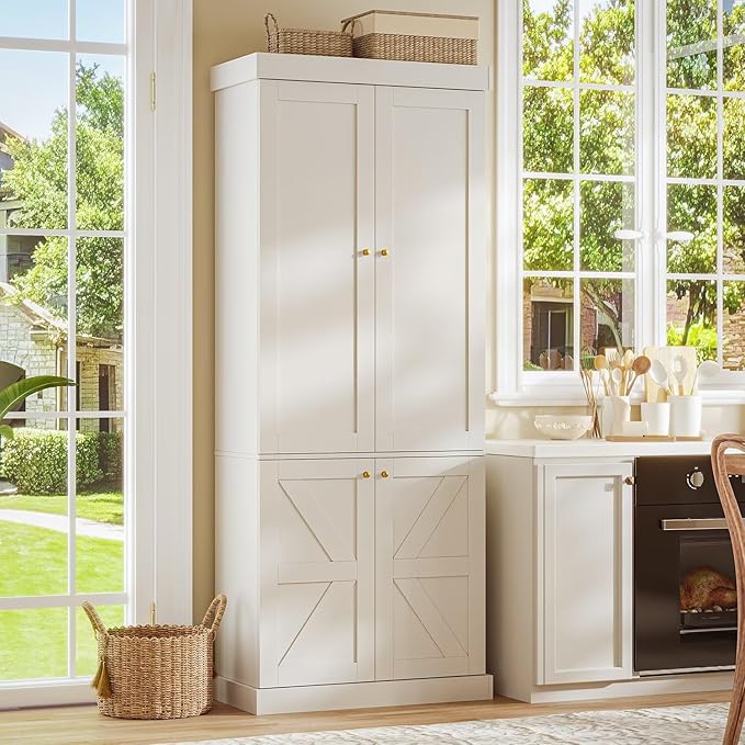 70.8" Tall Farmhouse Kitchen Pantry Cabinet with Doors, Modular Storage Cabinet with 4-Tier Adjustable Shelves, White, Wooden Hutch for Kitchen, Living Room, Set of 2