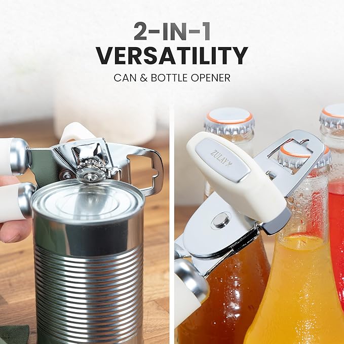 Zulay Kitchen Heavy Duty Stainless Steel Can Opener Manual with Bottle Opener - Rust Proof Manual Can Opener With Turn Knob & Comfy Soft Grip Handles - Cream