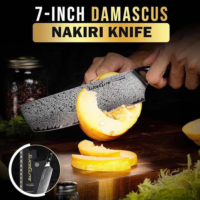 SliceElite Elite Series 7 Inch Nakiri Knife Damascus VG10 Core Forged G10 Handle Polymer Guard Japanese Chef Vegetable Chopping Cleaver Kitchen Knife Sharp Cutting Cooking Tomato Butcher Tool