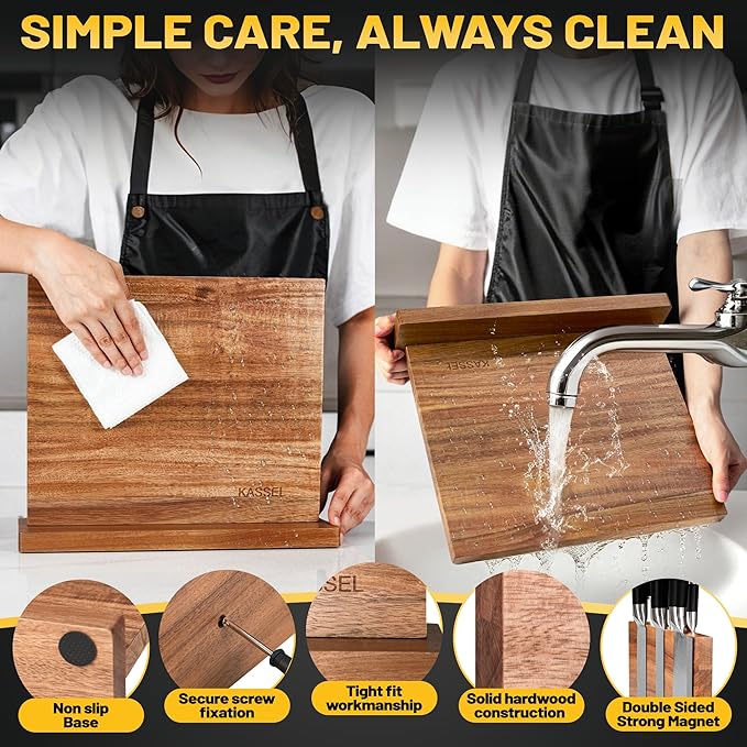 KASSEL Magnetic Knife Block with Knife Sharpener | Double-Sided Acacia Wood Magnetic Knife Holder | Kitchen Knife Display Stand for Countertops | Strong Magnet Knife Holder