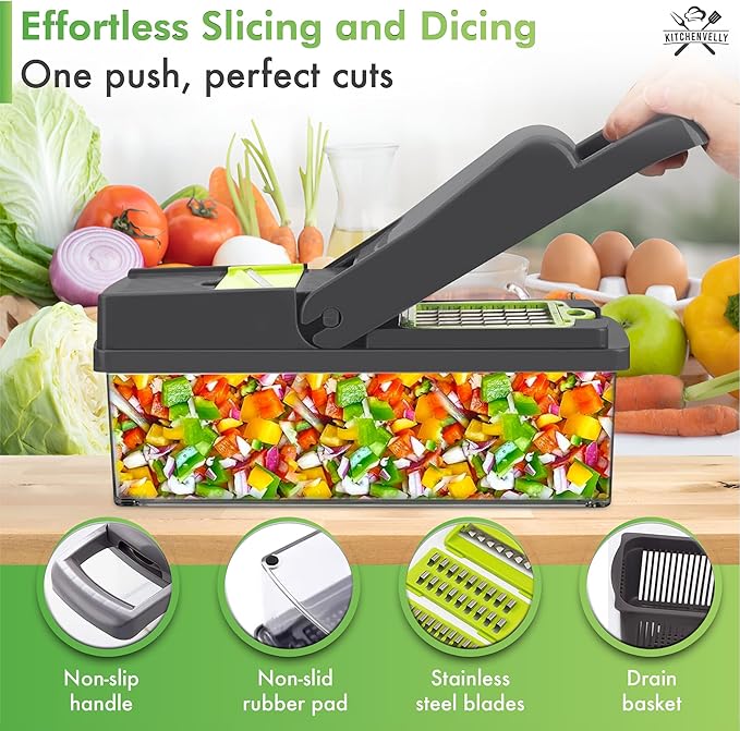 16-in-1 Vegetable Chopper with 8 Blades, Veggie Slicer & Dicer, Food Chopper with Container & Lid, Onion Chopper, Salad Chopper