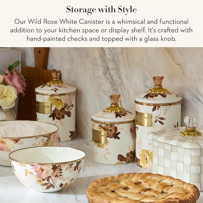 MACKENZIE-CHILDS Enamel Canister, Kitchen Storage Container with Lid, Medium, Wild Rose White
