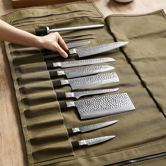 HEZHEN Chef Knife Roll Bag 16oz Oil Waxed Canvas, Heavy Duty Portable Backpack Knife Case Storage, 12 Slots & 2 Zipper Pockets, Detachable Adjustable Leather Shoulder Strap Belt（Not Included Knives）