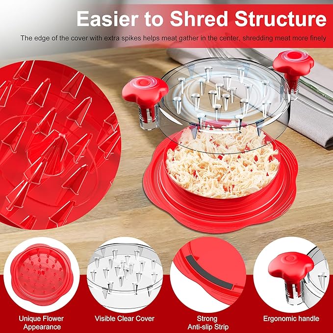 Chicken Shredder Large Chicken Breast Shredder Tool Twist with Brush&Fork, Visible Meat Shredder Machine, Anti-Slip Strip, Ergonomic Handle, BPA Free, Suitable for Pork Beef Chicken(Red)