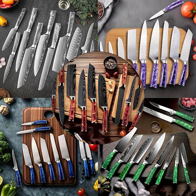 10-Piece Premium Japanese Kitchen Knife Set - Imperial Collection, Laser Damascus Pattern, 440A Stainless Steel Ultra Sharp for Fast Cutting (Blue)