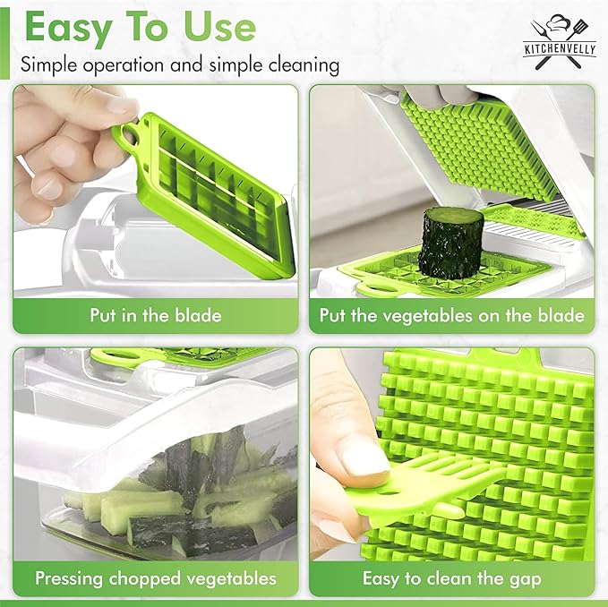16-in-1 Vegetable Chopper and Slicer with 8 Blades – Veggie Cutter, Dicer, Food Chopper with Container & Lid – Multi-Purpose Kitchen Tool for Easy Meal Prep (White)