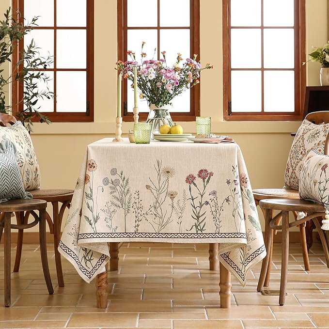 ISAENNE Designer Off White Linen Table Cloth for Rectangle Table,Floral Elegant Tablecloth,Stain Resistant Vintage Decor Tablecloths for Dining Thanksgiving Kitchen,55"*79"-Serenity G