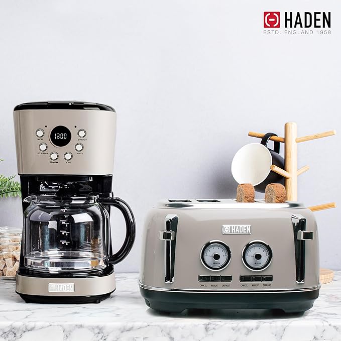 Haden 12 Cup Programmable Drip Coffee Maker Coffee Machine Bundled with Dorset 4 Slice Wide Slot Stainless Steel Toaster, Putty & Chrome