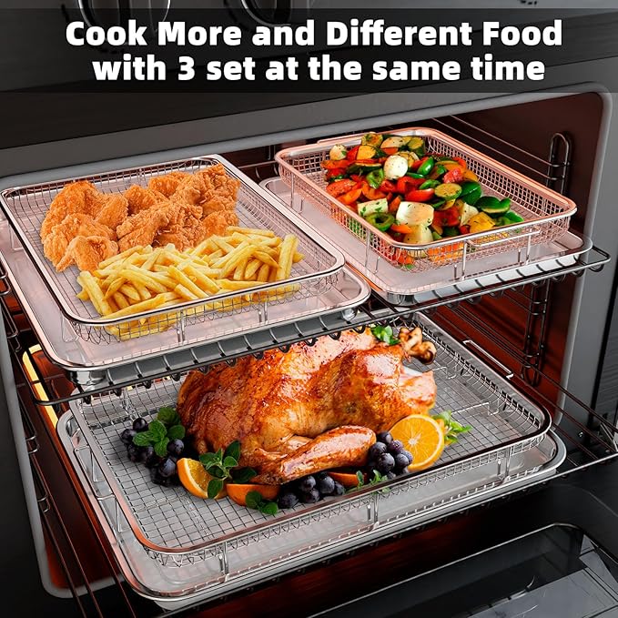 3 Set Air Fryer Basket, Air Fryer Pans and Tray for Oven with 90 PCS Parchment Papers, DEGOVIN Non-stick Stainless Steel Oven Air Fryer Basket and Tray-18.8" x 12.8" &15.7" x 11.6" & 12.8" x 8.9"