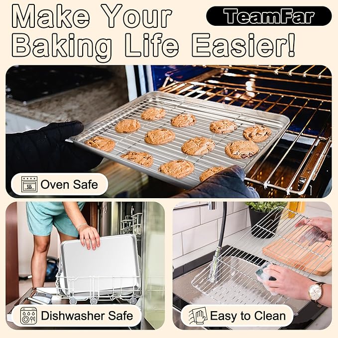 TeamFar Baking Sheet with Rack Set (3 Pans + 3 Racks), 19.6/16/12.5 Inch Stainless Steel Cookie Sheets Baking Pans Trays and Cooling Racks for Cooking Roasting, Non-Toxic & Heavy Duty, Dishwasher Safe