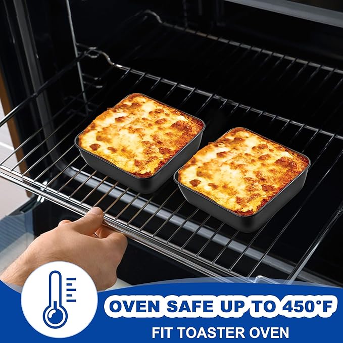 E-far 6 Inch Square Cake Pan Set of 2, Nonstick Small Baking Pan with Stainless Steel Core for Brownies Lasagna Cakes, Non-toxic & Easy Clean, 2 Inch Deep (Black)