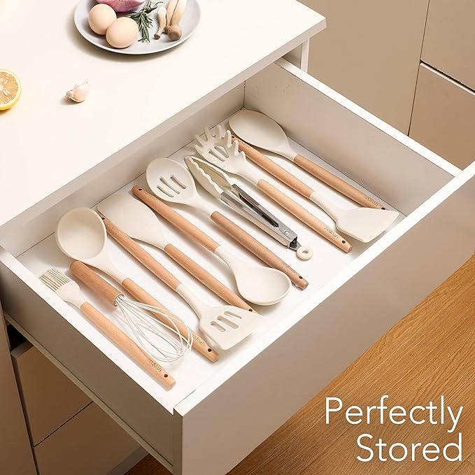 11-Piece Silicone Kitchen Utensils Set with Non Toxic Spatula, Tongs, Whisk, Turner & Ladle – Heat Resistant, Non-Scratch Cooking Tools with Wooden Handles, BPA-Free, Dishwasher Safe (Beige)