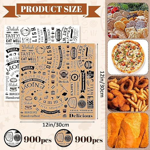 Outus 1800 Pcs 12 x 12 Inch Deli Wax Paper Sheets Grease Resistant Tray Basket Liners Newsprint Paper Water and Grease Proof Sandwich Wrapping Square Hot Dog Wrappers for Food Baking (Brown,White)