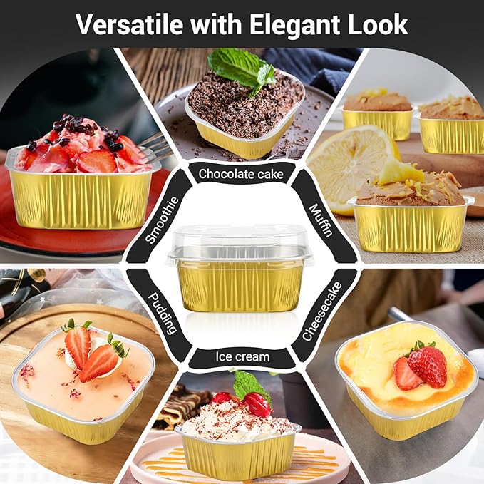 EUSOAR Baking Cups with Lids, 10oz 100pcs Gold Aluminum Foil Oven Loaf Pan Disposable Ramekins Liners for Pie Quiche Flan Soufflé Creme Brulee, Cake Pan Custard Cups Set for Dinner Wedding Banquets