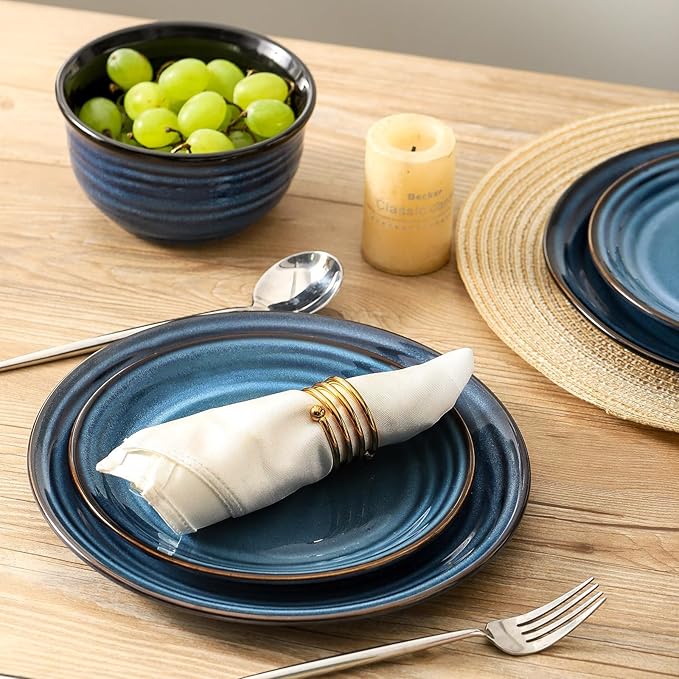 Hasense Plates and Bowls Set, 12 Pieces Ceramic Reactive Glaze Dinnerware Set of 4, Chip and Scratch Resistant Dinner Dishes Service, Handmade Serving Dish, Blue
