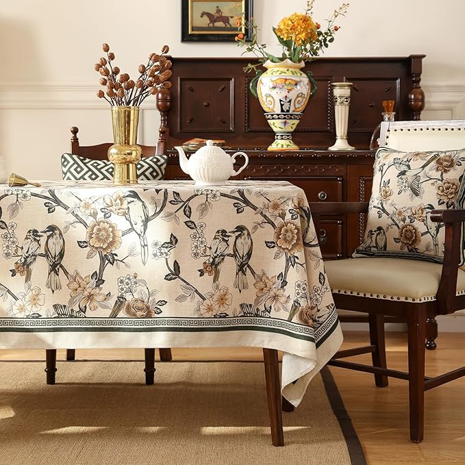 ISAENNE Designer Vintage Linen Long Rectangle Tablecloth,Floral and Bird Pattern Elegant Table Cloth,Fall Wrinkle Resistant Decor Tablecloths for Dining Kitchen Christmas,63"*94"-Murad A