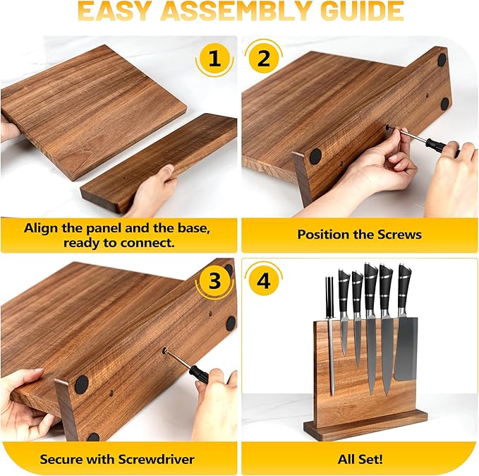 KASSEL Magnetic Knife Block with Knife Sharpener | Double-Sided Acacia Wood Magnetic Knife Holder | Kitchen Knife Display Stand for Countertops | Strong Magnet Knife Holder