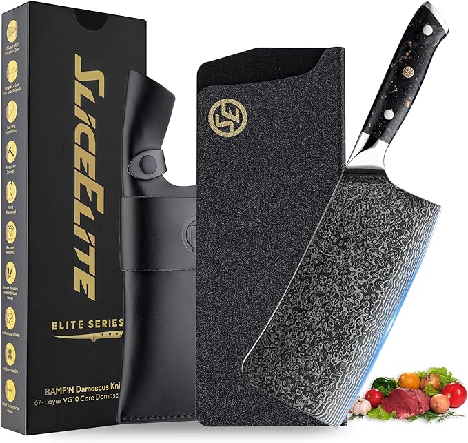 SliceElite Elite Series 7-Inch Damascus Bone Cutting Knife – VG10 Steel Blade with Forged Carbon Fiber Handle Infused with Gold Leaf, Sheaths Option (Bone Cutting Knife with Leather Sheath)