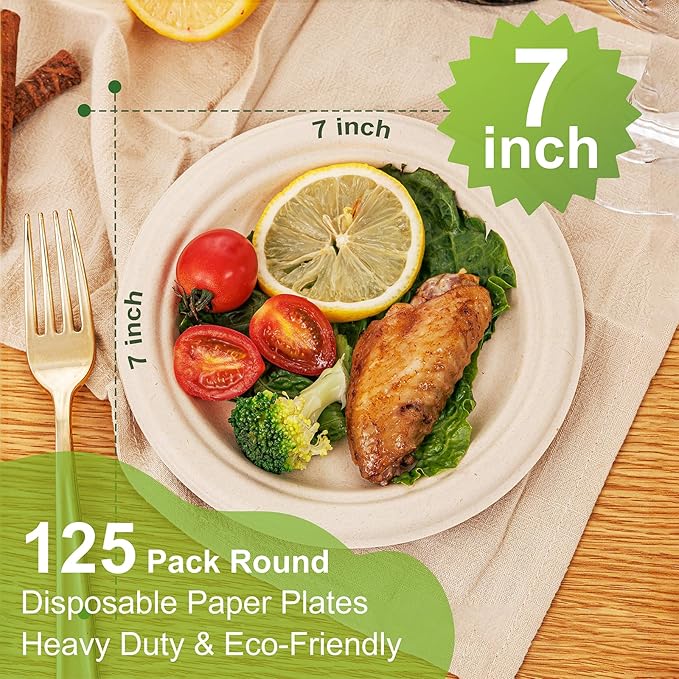 WELLIFE 7 Inch Paper Plates, 125-Pack Small Dessert Paper Plates Bulk, 100% Compostable Biodegradable Bagasse, Eco-Friendly Disposable Plate for Dessert,BBQ,Picnic,Party (BPI Certified,Microwaveable)
