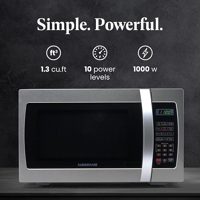 Farberware Countertop Microwave Oven 1000 Watt Power Auto Cook Settings, Defrost, Easy Clean and Child Safety Lock, 1.3 Cu. Ft, Stainless