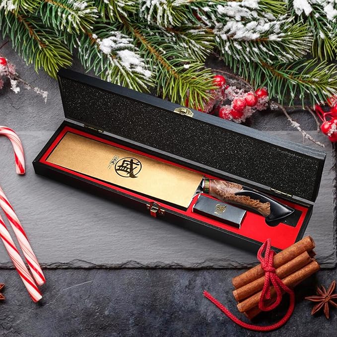 MITSUMOTO SAKARI 8 Inch Gyuto Chef Knife - Professional Japanese Kitchen Knives, Hand Forged 67-Layer 440C Damascus Steel, MapleWood Handle & Sandalwood Box