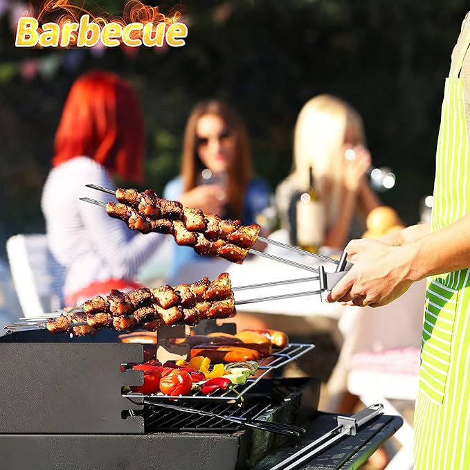 Lallisa Kabob Skewers - Metal BBQ Skewer Sticks with Push Bar for Meat, Chicken, Vegetable & Fruit (12 Pieces)
