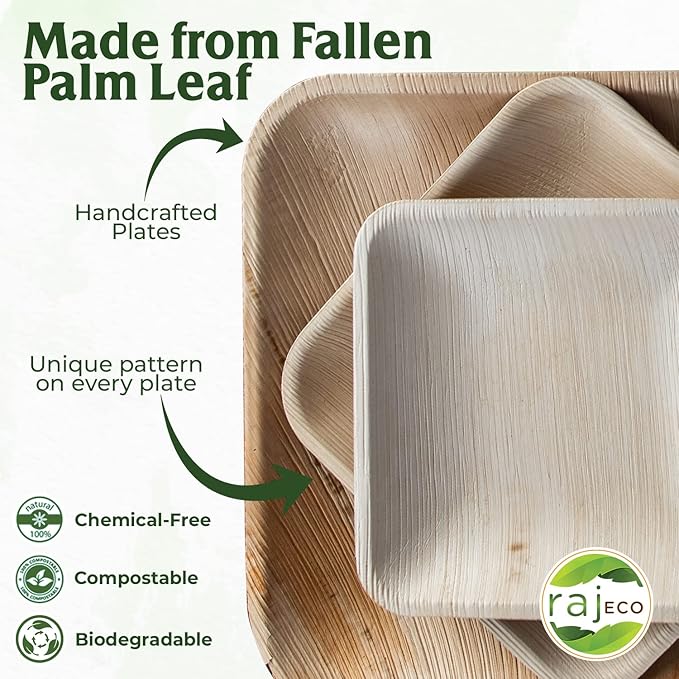 Raj Palm Leaf Plates [50-Pack] 10"x25 7"x25 Square Plates like Bamboo plates Disposable, Decorative Compostable Tableware for wedding, Lunch, Dinner, Birthday, Camping, Outdoor BBQ, Picnic