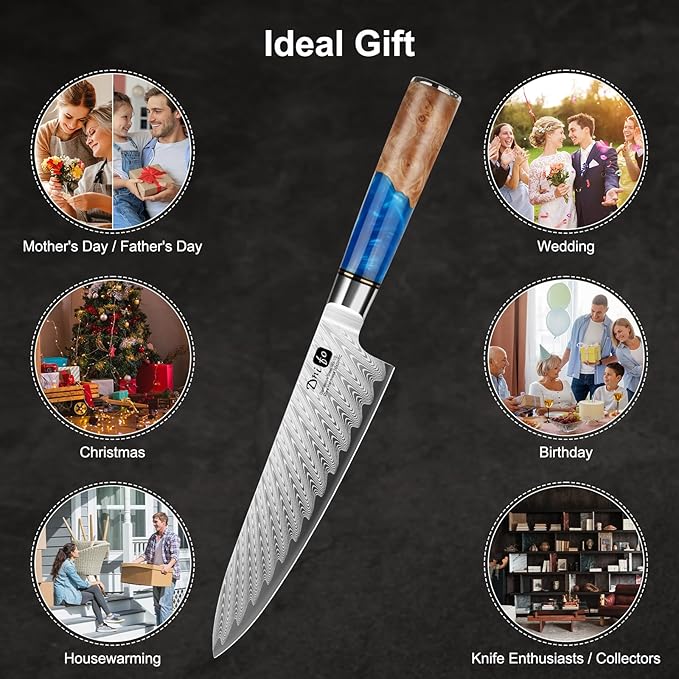 Chef Knife 8 Inch, Damascus VG-10 Steel Sharp Japanese Kitchen Knife with Gift Box and Resin Wood Handle, Ideal Birthday Gift for Men and Women