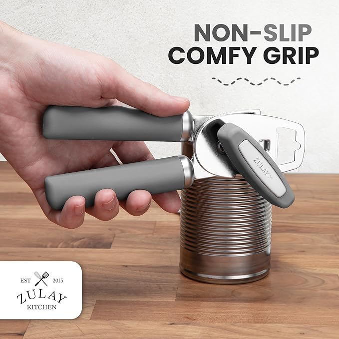 Zulay Kitchen Heavy Duty Stainless Steel Can Opener Manual with Bottle Opener - Rust Proof Manual Can Opener With Turn Knob & Comfy Soft Grip Handles - Light Gray