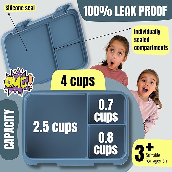 Kids Lunch Box with Compartments – Compact & Lightweight | Leak-Proof, BPA-Free, Dishwasher & Microwave Safe | Hand-Drawn Design for Preschool, School, Travel (Firetruck Bunnies Blue, 4 Cups)