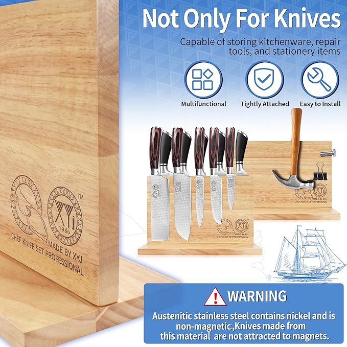 XYJ Authentic Since 1986, Magnetic Knife Block, Double Side Kitchen Knife Holder, Natural Wood, Knife Cutlery Display Stand, Organizer Storage Rack for Home Kitchen