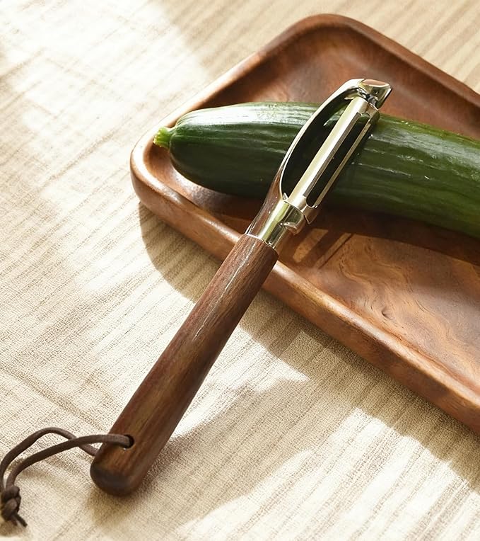 Ugotit Fruit Vegetable Peeler Set for Kitchen, Stainless Steel Potato Peelers Ultra Sharp Swivel Blade, Premium Real Wood Handle Leather Strap (Y&I Shaped)