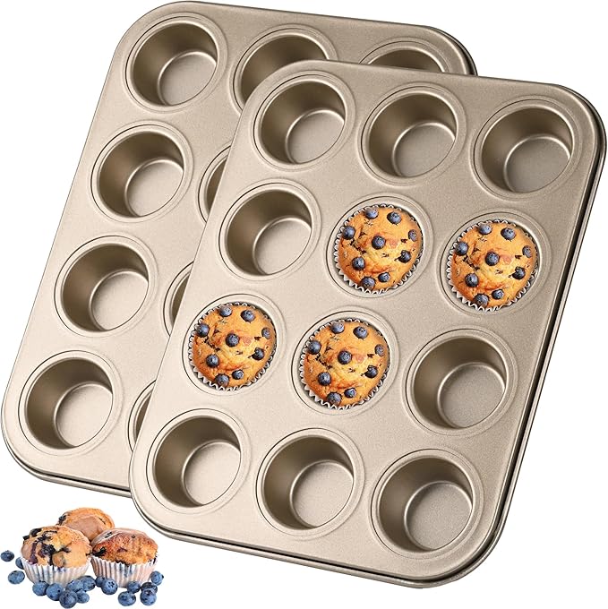 Mini Muffin Pan 2-Pack, Premium Small Cupcake Pans, Carbon Steel 12-Cup Muffin Tin, Versatile Non-Stick Bakeware