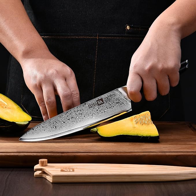 Klaus Meyer Luxor 8 Inch Chef Knife, Damascus Kitchen Knife, VG10 High Carbon Stainless Steel Japanese Chefs Knife with Wood Sheath
