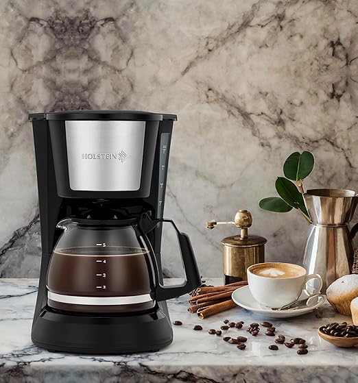 Holstein Housewares 5 Cup Drip Coffee Maker – Compact and User-Friendly with Auto Pause & Serve, Reusable Filter, Measuring Spoon & Glass Carafe, Office & Dorm Use, Black