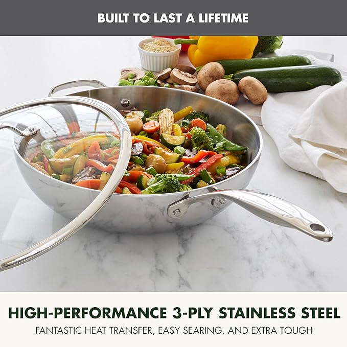 GreenPan Valencia Tri-Ply Stainless Steel 12" Wok Pan with Lid, Induction Ready Skillet, Mirror Finish, Dishwasher Safe & Oven/Broiler Safe to 600F, Compatible with All Cooktops, Silver